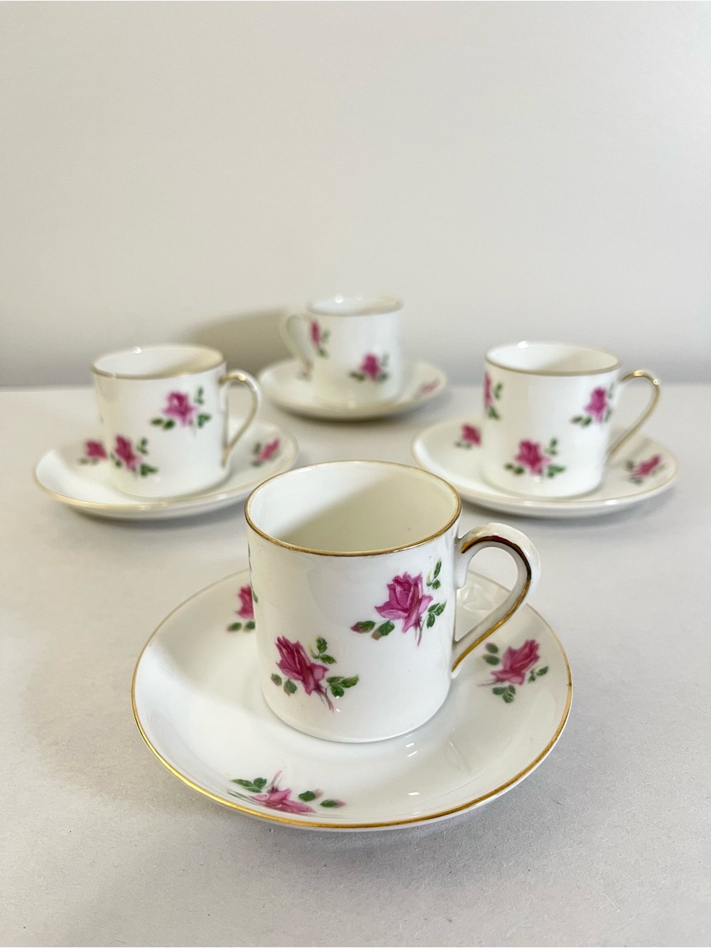 Vintage Victoria Czechoslovakia Porcelain Pink Rose Espresso Cup and Saucer Set